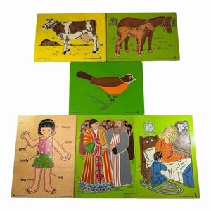 Lot of 6 Vintage Judy Instructo Wooden Puzzles Animals Joseph Bedtime